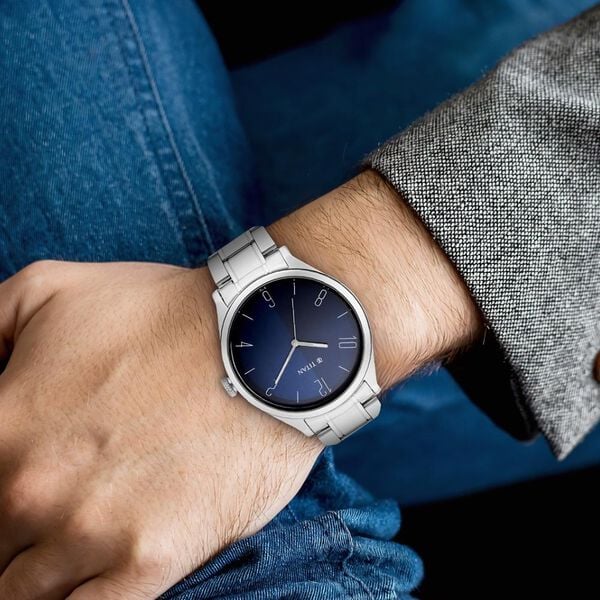 Titan 1865SM01 Men’s Quartz Analog Watch with Blue Dial & Silver Stainless-Steel Strap