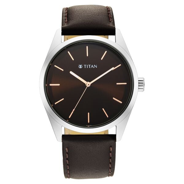 Titan 1866SL02 Brown Dial Analog Watch for Men – Brown Leather Strap, Quartz Movement, Mineral Glass, Round Metal Case