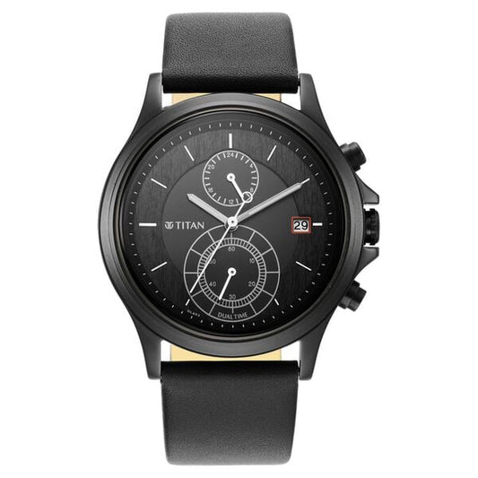 Titan 1870NL01 Men’s Black Dial Dual Time Analog Watch with Leather Strap