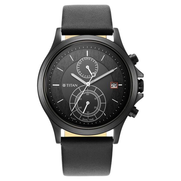 Titan 1870NL01 Men’s Black Dial Black Leather Strap Quartz Dual‑Time Analog Watch – Round Metal Case, Mineral Glass, Buckle Closure