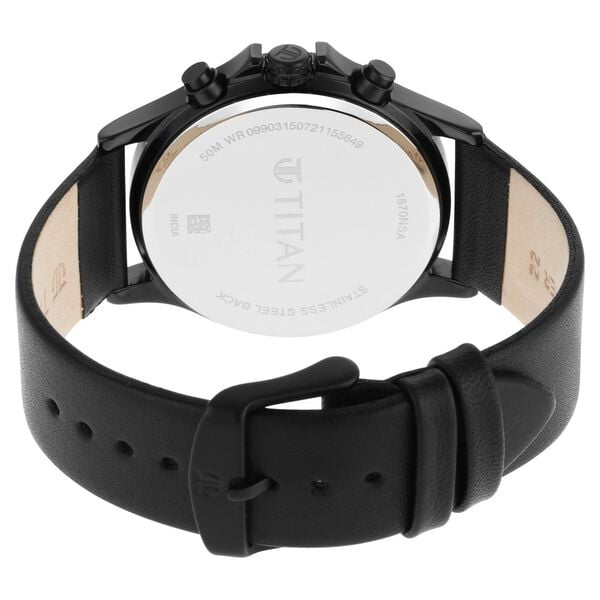 Titan 1870NL01 Men’s Black Dial Black Leather Strap Quartz Dual‑Time Analog Watch – Round Metal Case, Mineral Glass, Buckle Closure