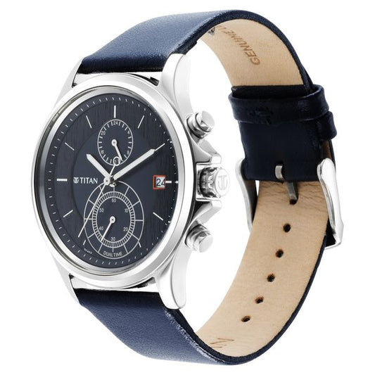 Titan 1870SL01 Workwear Blue Dial Analog Quartz Dual Time Leather Strap Watch – Men