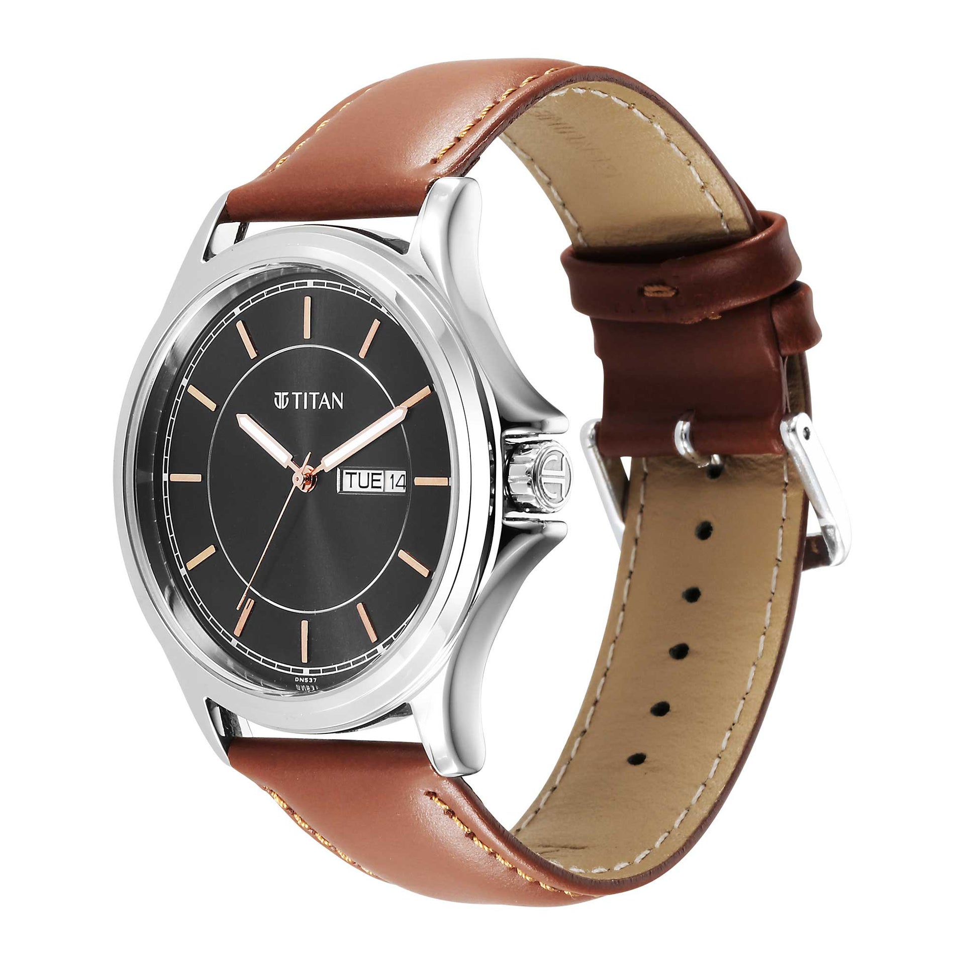 Titan 1870SL05 Quartz Analog Black Dial 42 mm Metal Case Brown Leather Strap Men Watch