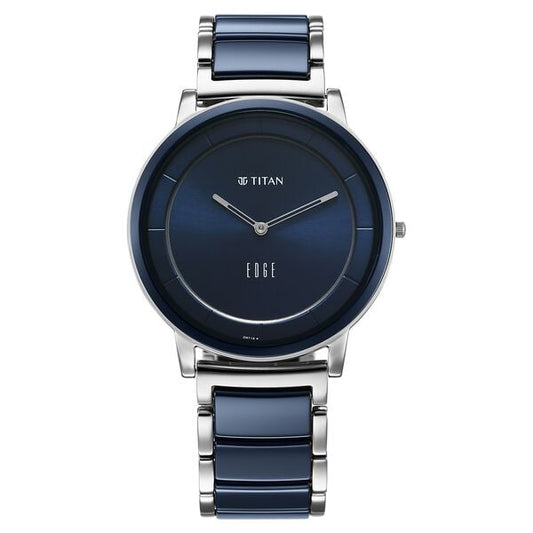 Titan Edge Fusion Quartz Analog Watch 1878KD02 Men’s Blue Dial Blue Stainless Steel & Ceramic Strap Quartz Analog Watch – Round Ceramic Case, Sapphire Crystal, Butterfly Clasp
