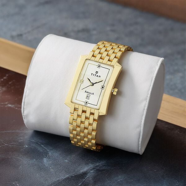 Titan 1927YM04 Men White Rectangle Dial Stainless Steel Strap
