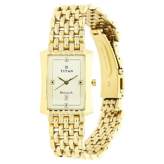 Titan 1927YM05 White Dial Analog Watch for Men – Golden Stainless Steel Strap, Quartz Movement