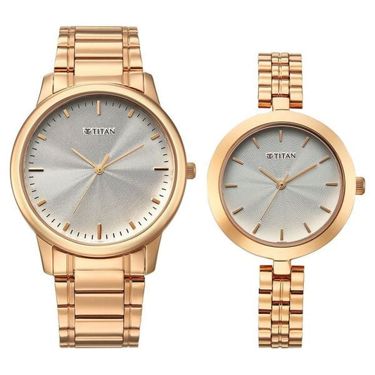 Titan 19692969WM01 Bandhan Eternal Pair Quartz Analog Silver Dial Rose Gold Stainless Steel Couple Watch