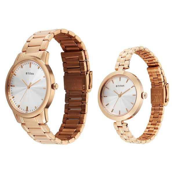 Titan 19692969WM01 Bandhan Eternal Pair Quartz Analog Silver Dial Rose Gold Stainless Steel Couple Watch