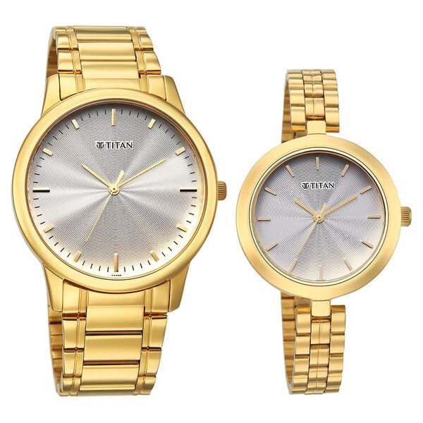 Titan 19692969YM01 Bandhan Eternal Pair Quartz Analog Silver Dial Gold Stainless Steel Couple Watch
