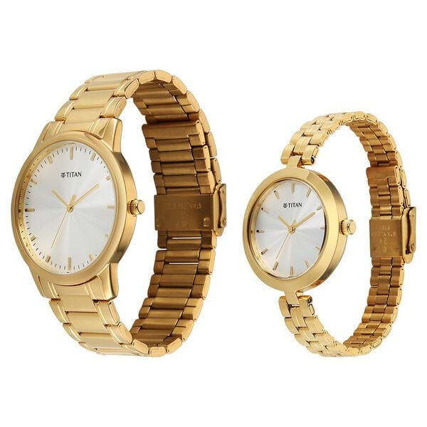Titan 19692969YM01 Bandhan Eternal Pair Quartz Analog Silver Dial Gold Stainless Steel Couple Watch