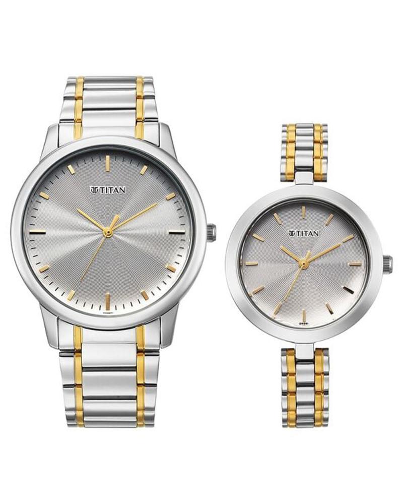 Titan 19692969BM01 Bandhan Eternal Pair Quartz Analog Silver Dial Two-Tone Stainless Steel Couple Watch