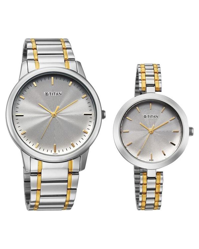 Titan 19692969BM01 Bandhan Eternal Pair Quartz Analog Silver Dial Two-Tone Stainless Steel Couple Watch