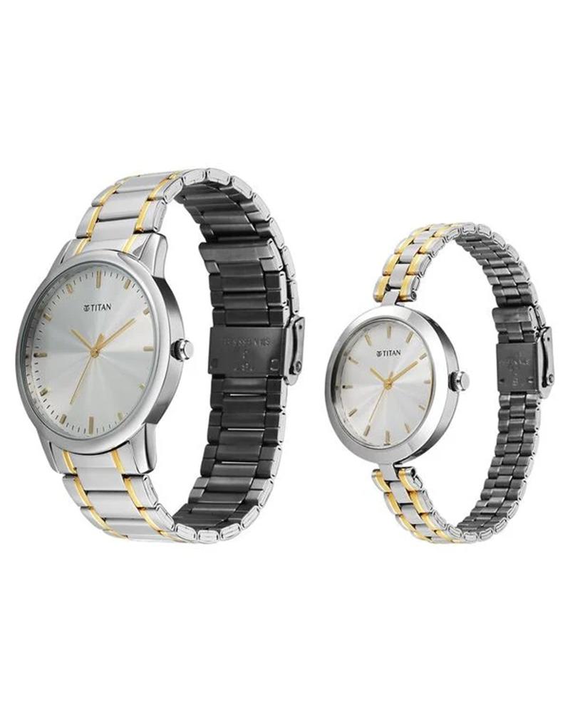Titan 19692969BM01 Bandhan Eternal Pair Quartz Analog Silver Dial Two-Tone Stainless Steel Couple Watch
