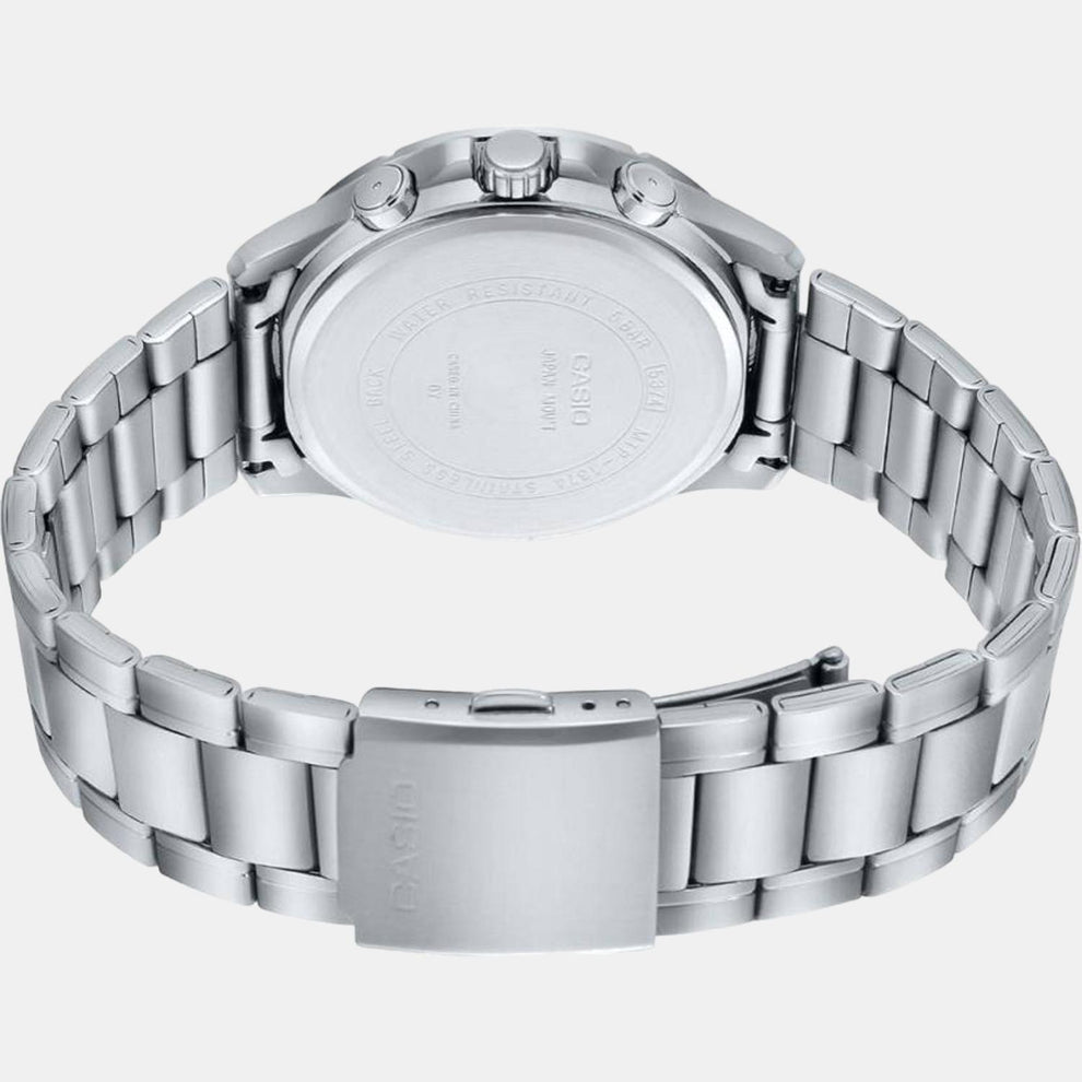 Casio A1885 Enticer Men’s Quartz Analog Watch with Blue Multi-Dial, Silver Stainless Steel Strap