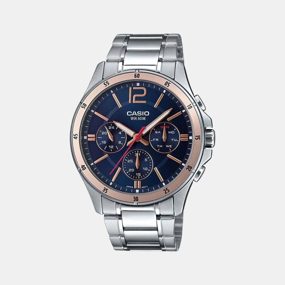 Casio A1885 Enticer Men’s Quartz Analog Watch with Blue Multi-Dial, Silver Stainless Steel Strap