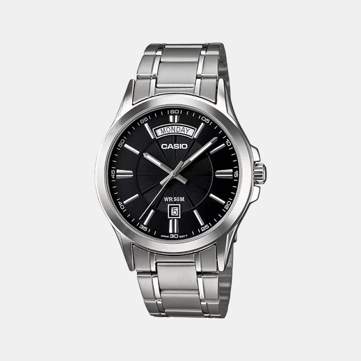 Casio A840 Analog Quartz Men’s Enticer Watch | Black Dial | Silver Stainless Steel Strap | Day & Date | 50 m Water Resistant
