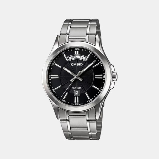 Casio A840 Analog Quartz Men’s Enticer Watch | Black Dial | Silver Stainless Steel Strap | Day & Date | 50 m Water Resistant
