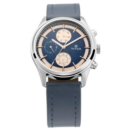 Titan 1805SL02 Men’s Quartz Multifunction Analog Blue Dial Watch with Blue Leather Strap