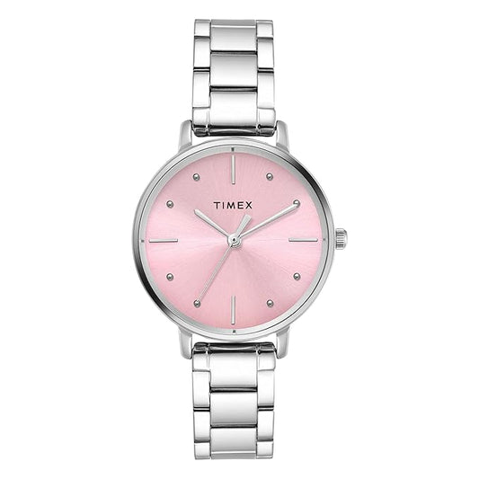 Timex TWEL15824 Round Pink Dial Analog Watch for Women – Silver Stainless Steel Strap, 34 mm Case