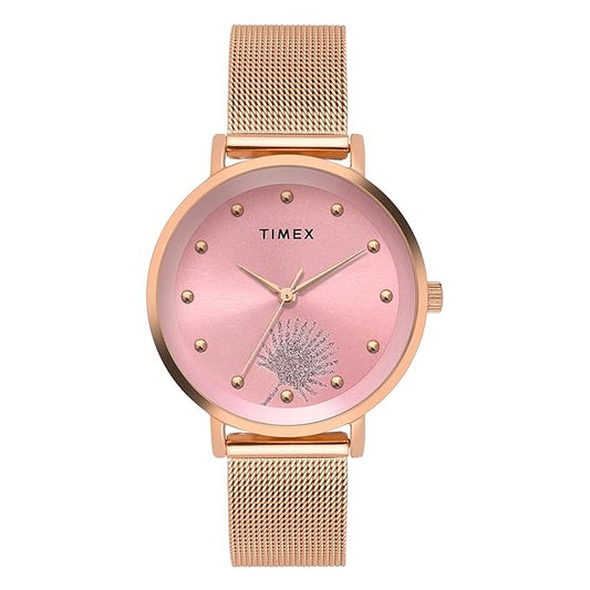 Timex TWEL12924 Women’s Pink Dial Analog Watch with Stainless-Steel Strap