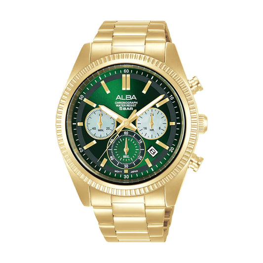 Alba AT3K12X1 Men’s Chronograph Watch with Green & White Dial with Gold-Tone Stainless-Steel Strap