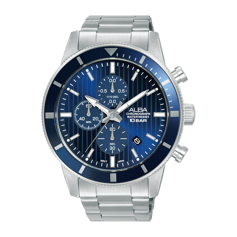 Alba AM3955X1 Men’s Chronograph Watch with Blue Patterned Dial & Silver Stainless-Steel Strap