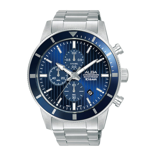 Alba AM3955X1 Men’s Chronograph Watch with Blue Patterned Dial & Silver Stainless-Steel Strap