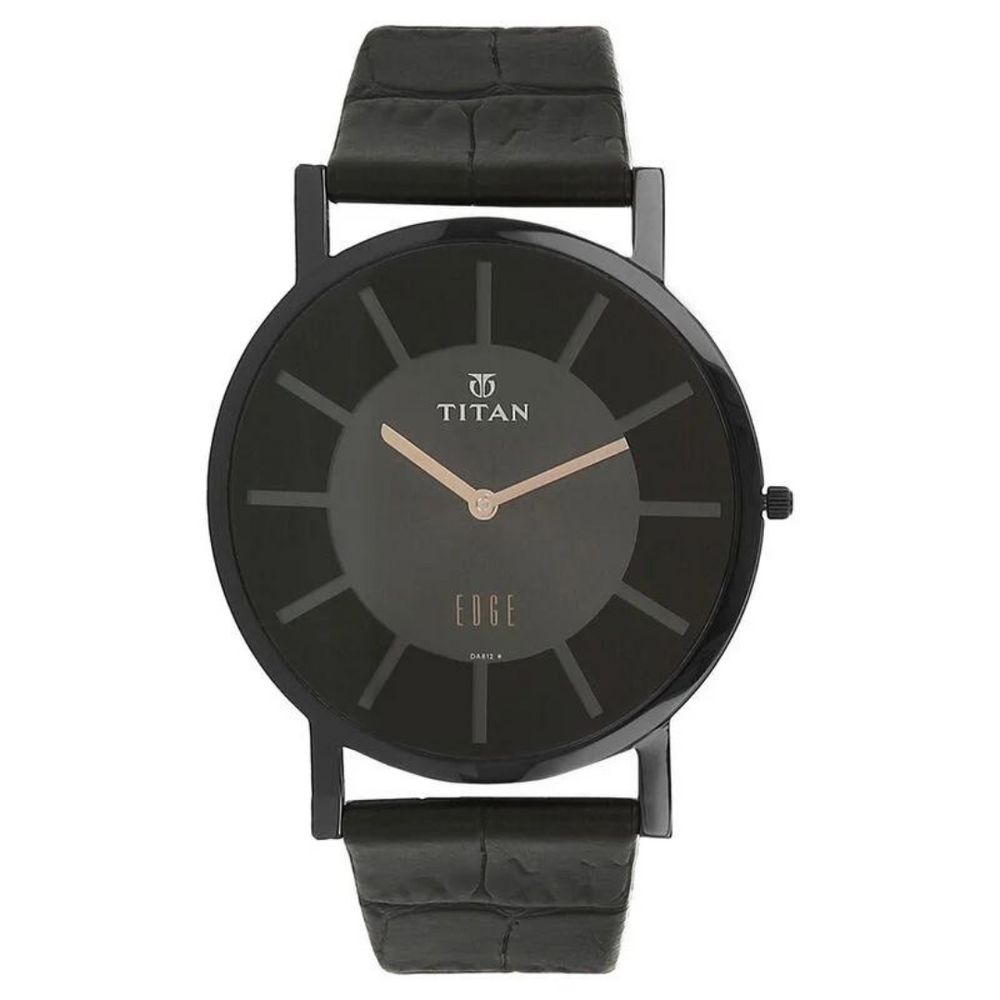 Titan 1595NL01 Men’s Black-Dial Slim Analog Watch with Black Leather Strap