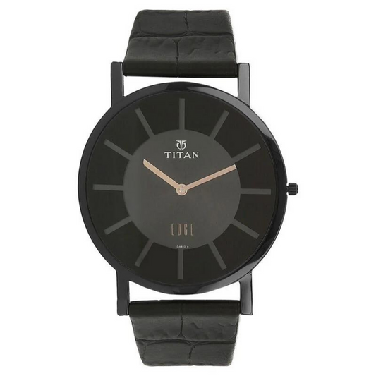 Titan 1595NL01 Men’s Black-Dial Slim Analog Watch with Black Leather Strap