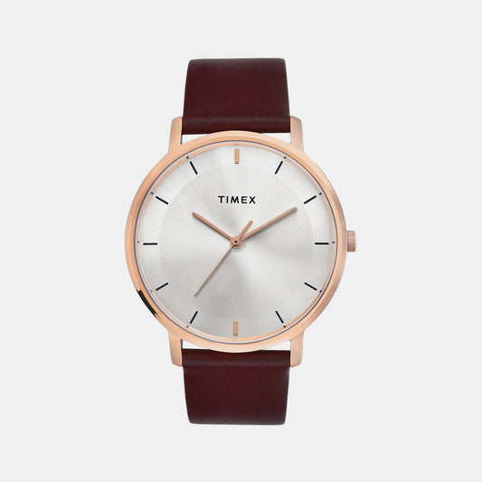 Timex TW0TG8014 Men’s Silver Dial Quartz Analog Watch with Brown Leather Strap