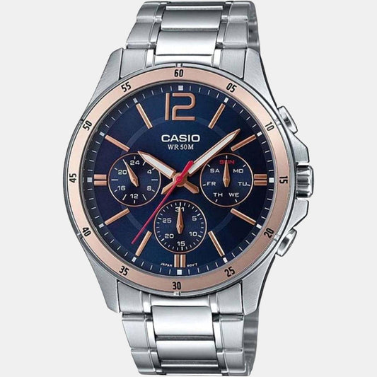 Casio A1885 Enticer Men’s Quartz Analog Watch with Blue Multi-Dial, Silver Stainless Steel Strap