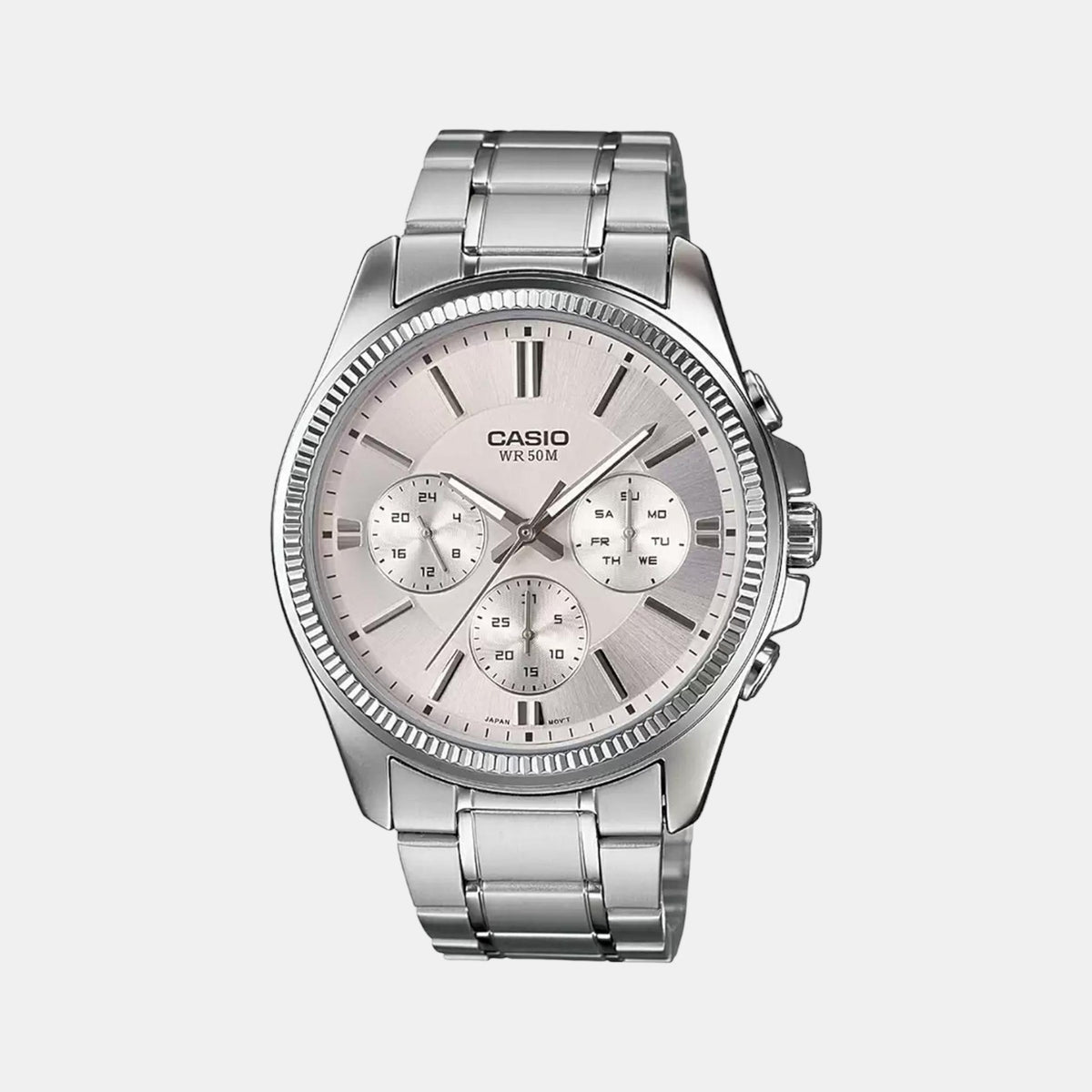 Casio A837 Analog Quartz Men’s Enticer Chronograph Watch | Silver Dial | Stainless Steel Strap | 50 m Water Resistant