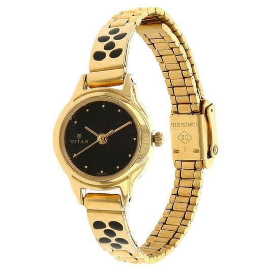 Titan 2401YM05 Black Dial Analog Watch for Women – Golden Stainless Steel Strap, Quartz Movement
