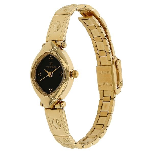 Titan 2417YM03 Black Oval Dial Analog Watch for Women – Golden Stainless Steel Strap, Quartz Movement