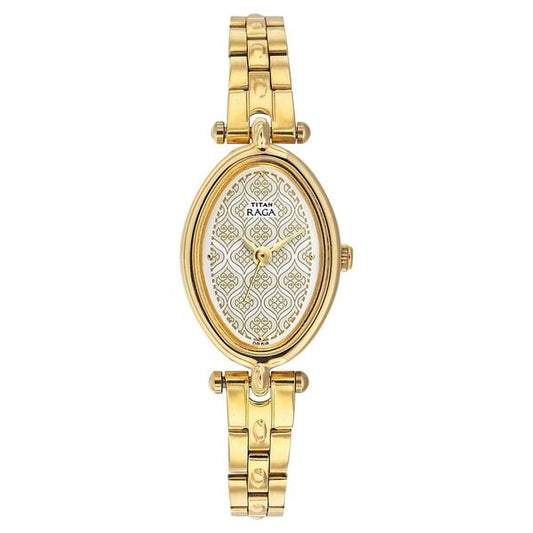 Titan 2418YM04 Off White Oval Dial Analog Watch for Women – Gold Stainless Steel Bracelet, Quartz Movement
