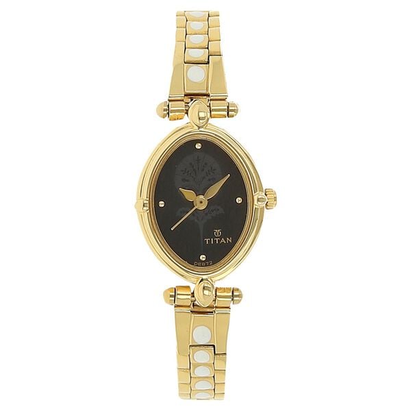 Titan 2419YM04 Black Oval Dial Analog Watch for Women – Golden Stainless Steel Strap, Quartz Movement