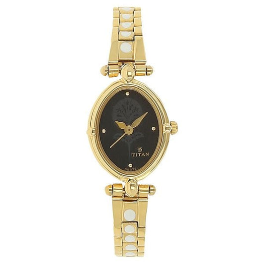 Titan 2419YM04 Black Oval Dial Analog Watch for Women – Golden Stainless Steel Strap, Quartz Movement
