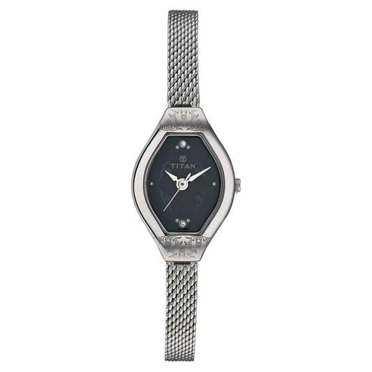 Titan 2450SM02 Black Dial Analog Watch for Women – Metal Strap, Quartz Movement, Mineral Glass, Tonneau Metal Case