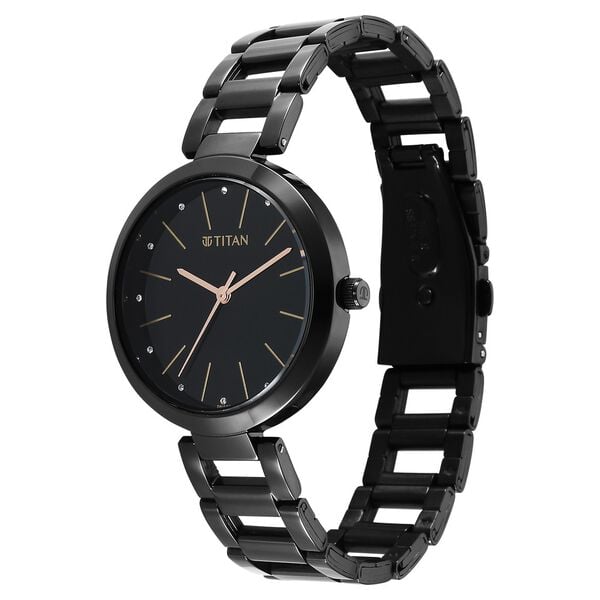 Titan 2480NM01 Black Dial Analog Watch for Women – Black Stainless Steel Bracelet, Quartz Movement, Mineral Glass, Round Metal Case