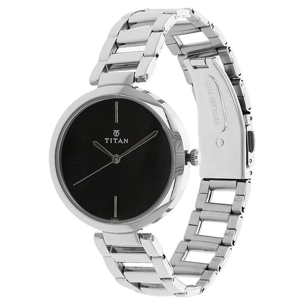 Titan 2480SM02 Women’s Analog Quartz Watch — Black Dial, Silver Stainless Steel Strap