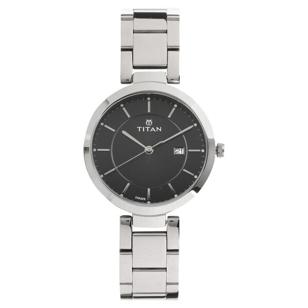 Titan 2480SM08 Black Dial Analog Quartz Stainless Steel Women’s Watch – Silver Band, Round Case, Day & Date Display