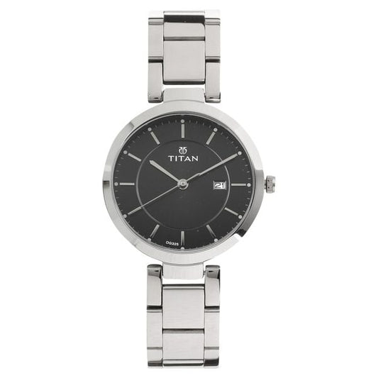 Titan 2480SM08 Black Dial Analog Quartz Stainless Steel Women’s Watch – Silver Band, Round Case, Day & Date Display