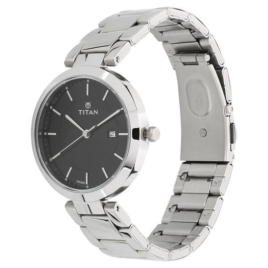 Titan 2480SM08 Black Dial Analog Quartz Stainless Steel Women’s Watch – Silver Band, Round Case, Day & Date Display