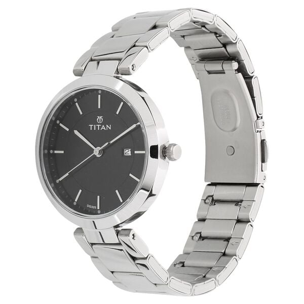 Titan 2480SM08 Black Dial Analog Quartz Stainless Steel Women’s Watch – Silver Band, Round Case, Day & Date Display