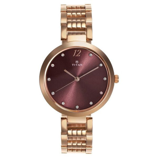 Titan 2480WM02 Purple Dial Analog Quartz Stainless Steel Women’s Watch – Rose Gold Band, Round Case, Sparkle Design