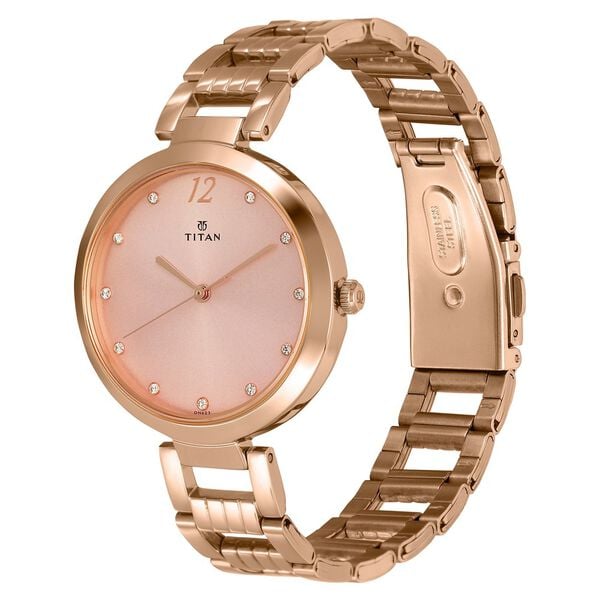 Titan 2480WM03 Women’s Pink-Dial Analog Watch with Rose-Gold Stainless Steel Strap
