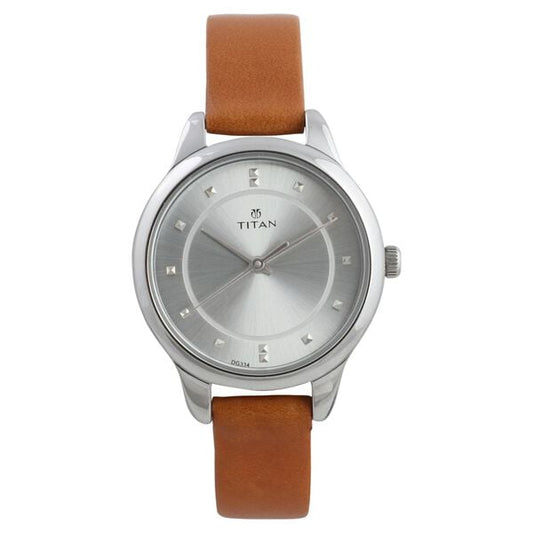 Titan 2481SL06 Silver Dial Analog Watch for Women – Brown Leather Strap, Quartz Movement