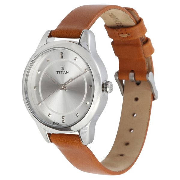 Titan 2481SL06 Silver Dial Analog Watch for Women – Brown Leather Strap, Quartz Movement