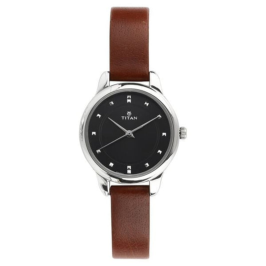 Titan 2481SL07 Black Dial Analog Watch for Women – Brown Leather Strap, Quartz Movement