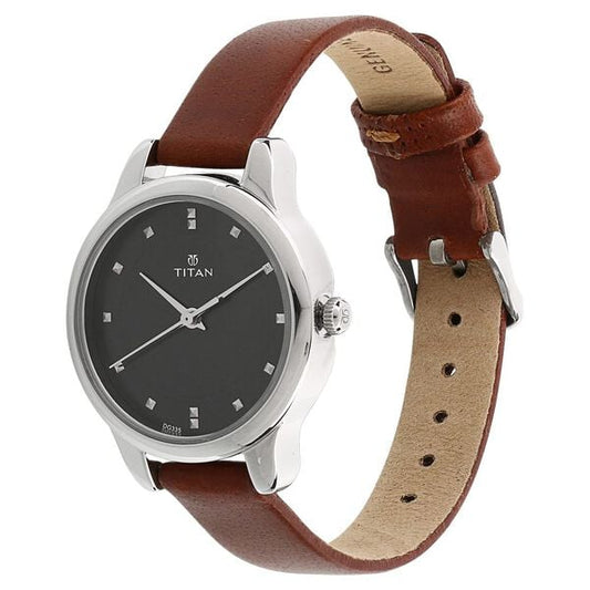 Titan 2481SL07 Black Dial Analog Watch for Women – Brown Leather Strap, Quartz Movement